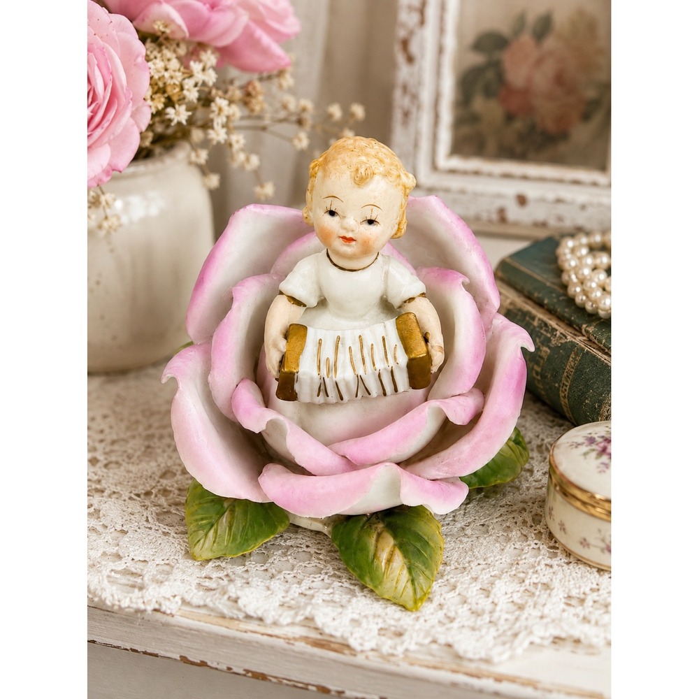Vintage Lefton KW1699A Girl Child Accordion Pink Rose Figurine Japan MCM